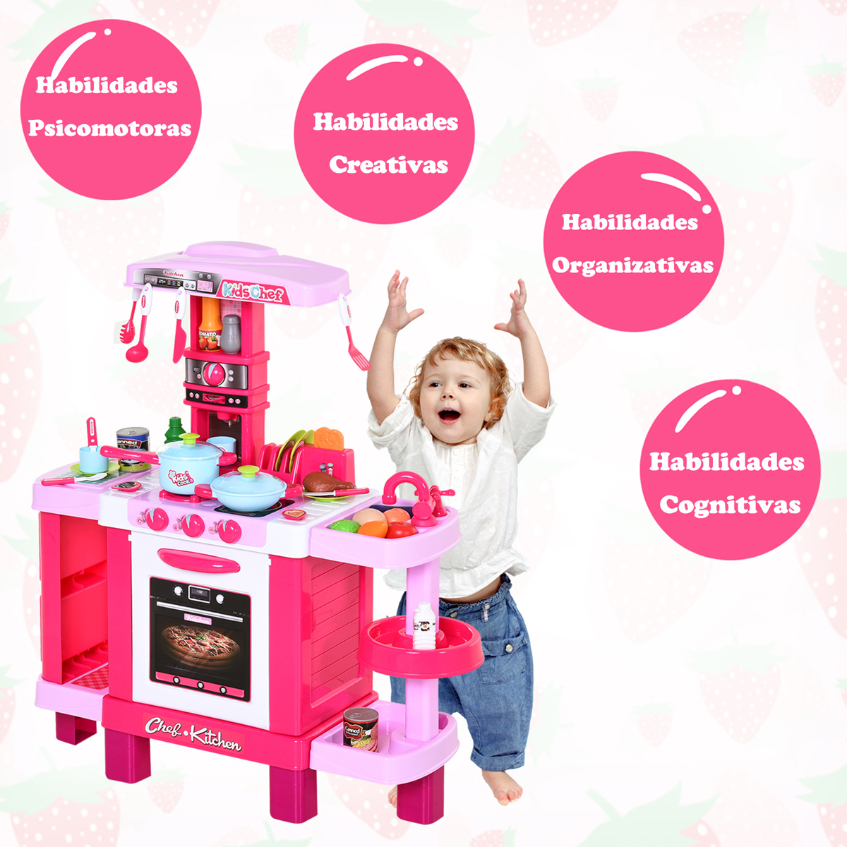 Cocina Cocinita Infantil Rosa Little Chef Luz y Sonido 38 pz