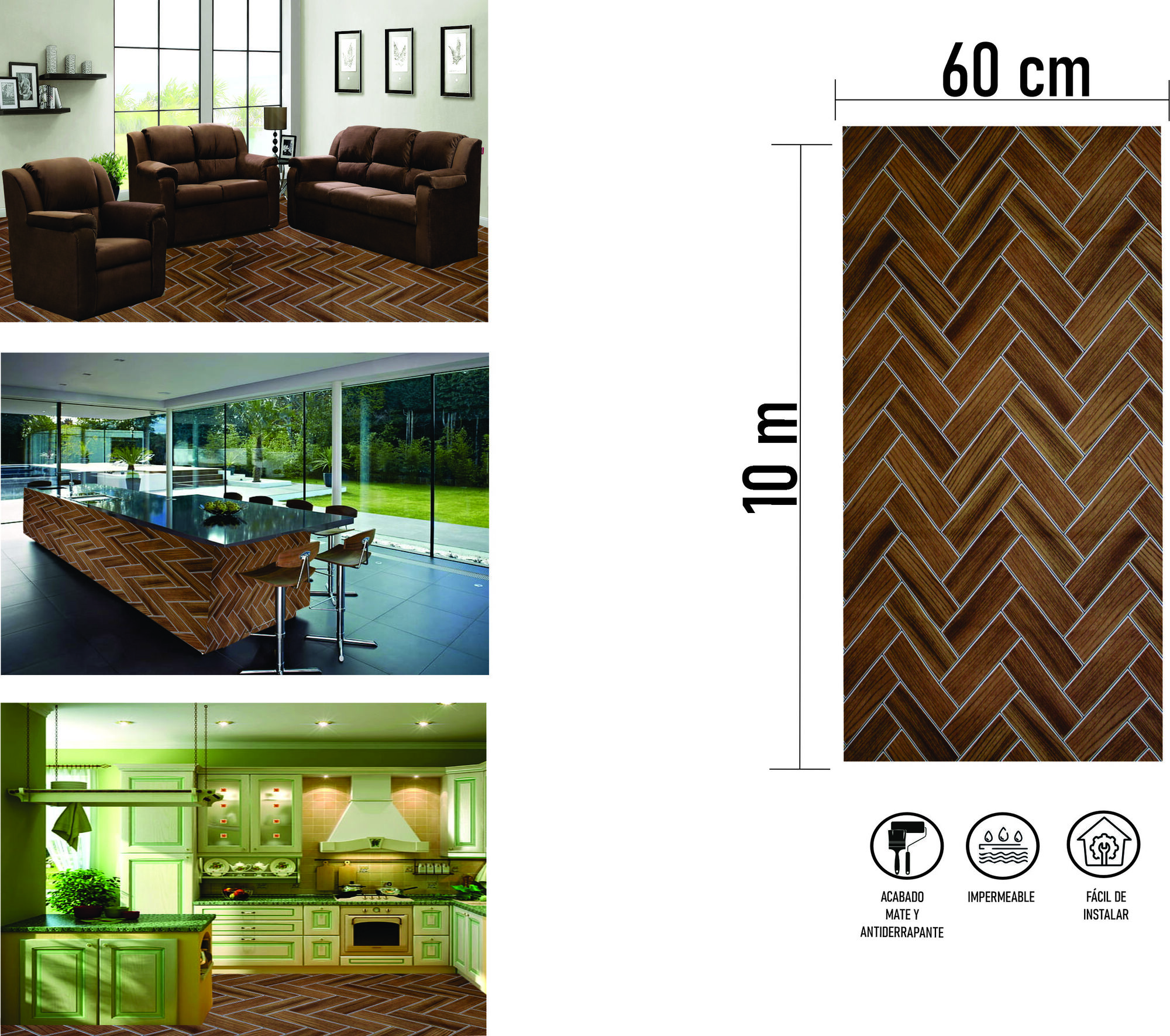 Tapiz Piso Adherible Tablas De Madera 10m X 60cm Pv05 6m2