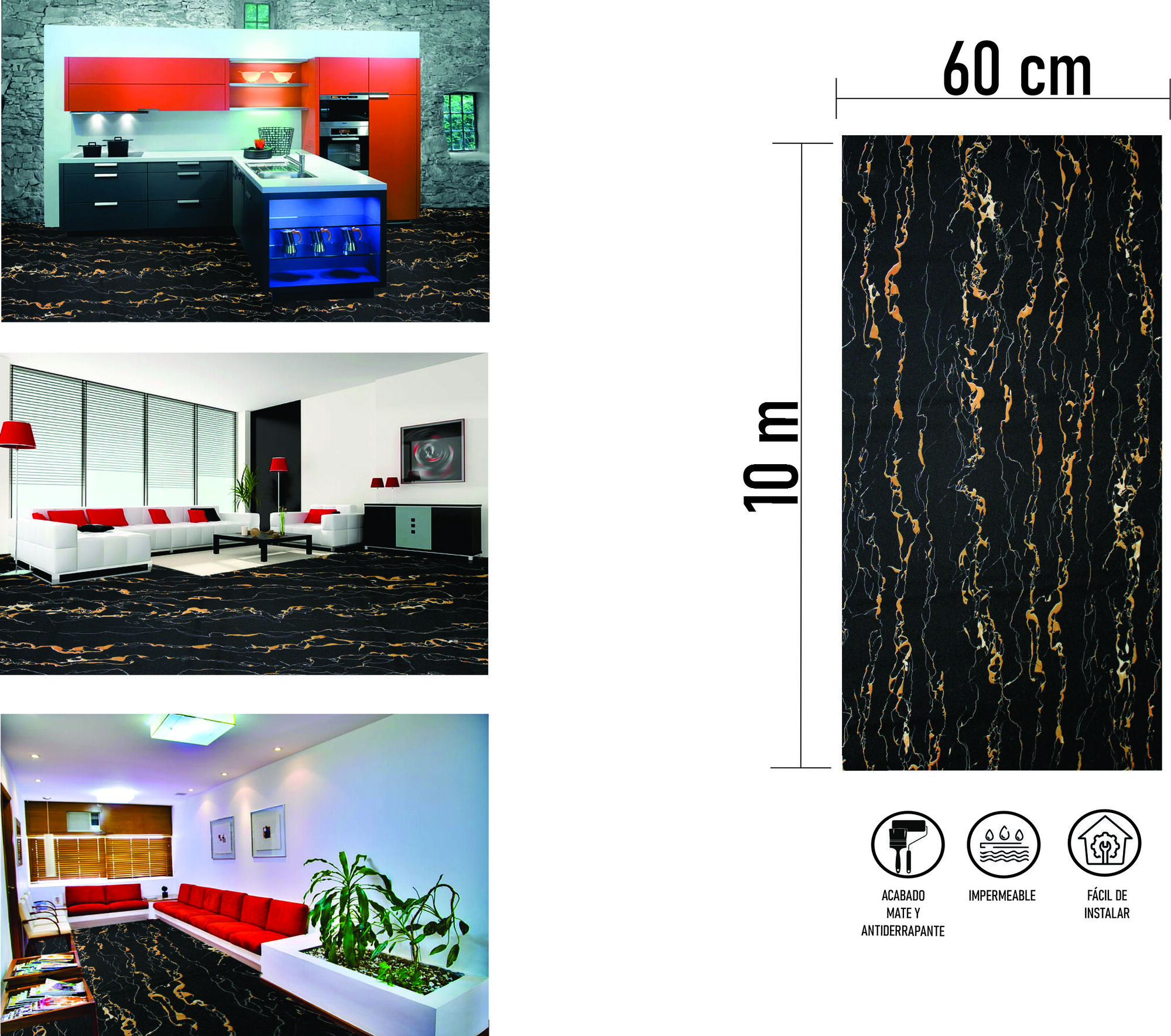 Tapiz Piso Adherible Mármol Estilo Lava 10m X 60cm Pv10 6m2