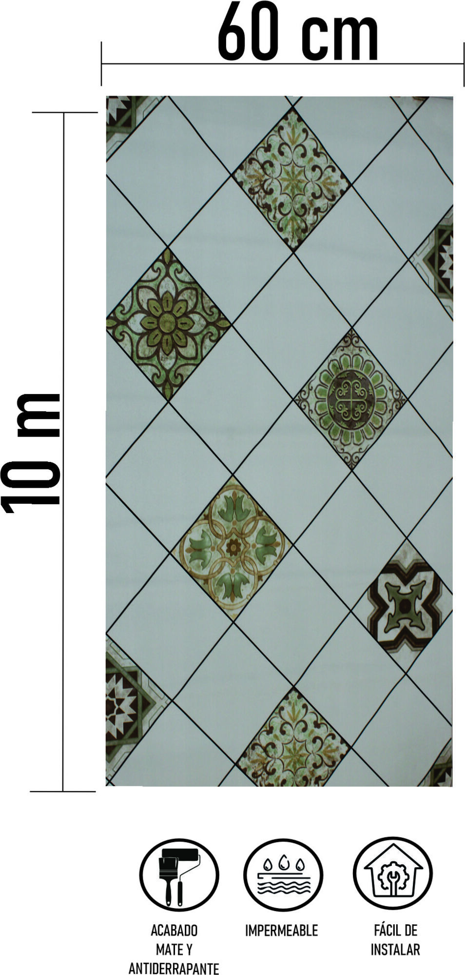 Tapiz Piso Adherible Azulejo Y Talavera 10m X 60cm Pv12 6m2