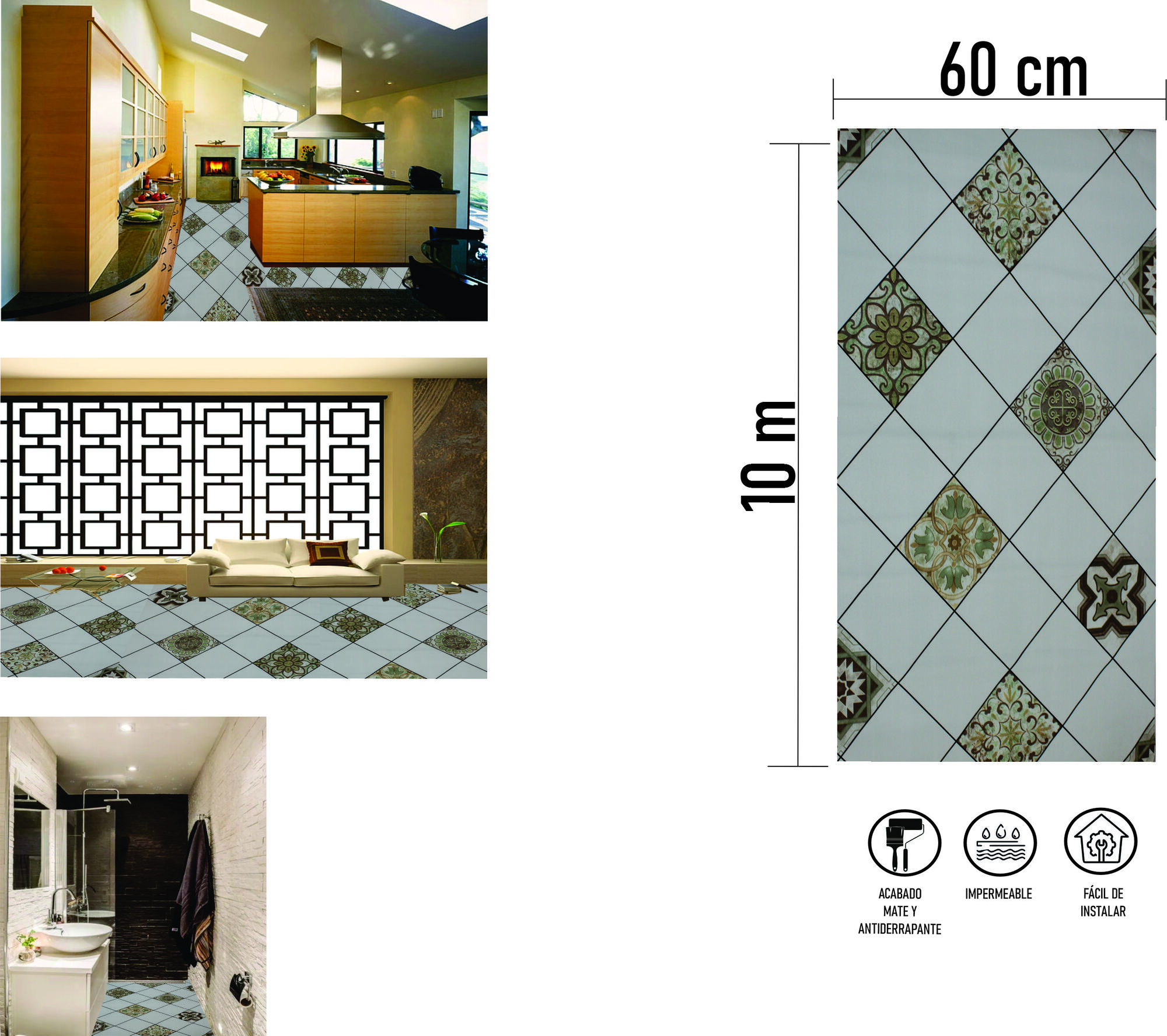 Tapiz Piso Adherible Azulejo Y Talavera 10m X 60cm Pv12 6m2