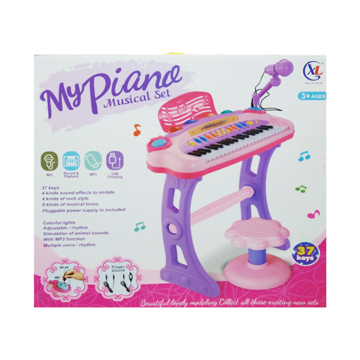Piano Musical para niños con microfono y banco Rosa 6617