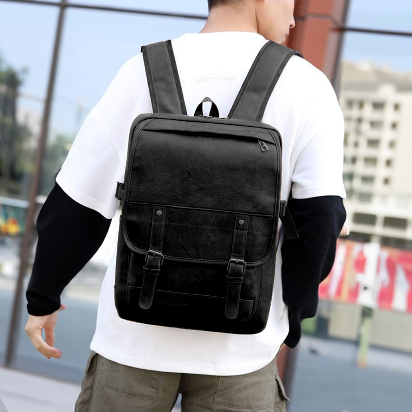 Mochila de piel vegana para hombre y mujer, bolso de piel sintética informal de viaje de gran capacidad, a la moda, para ordenador portátil (Negro)