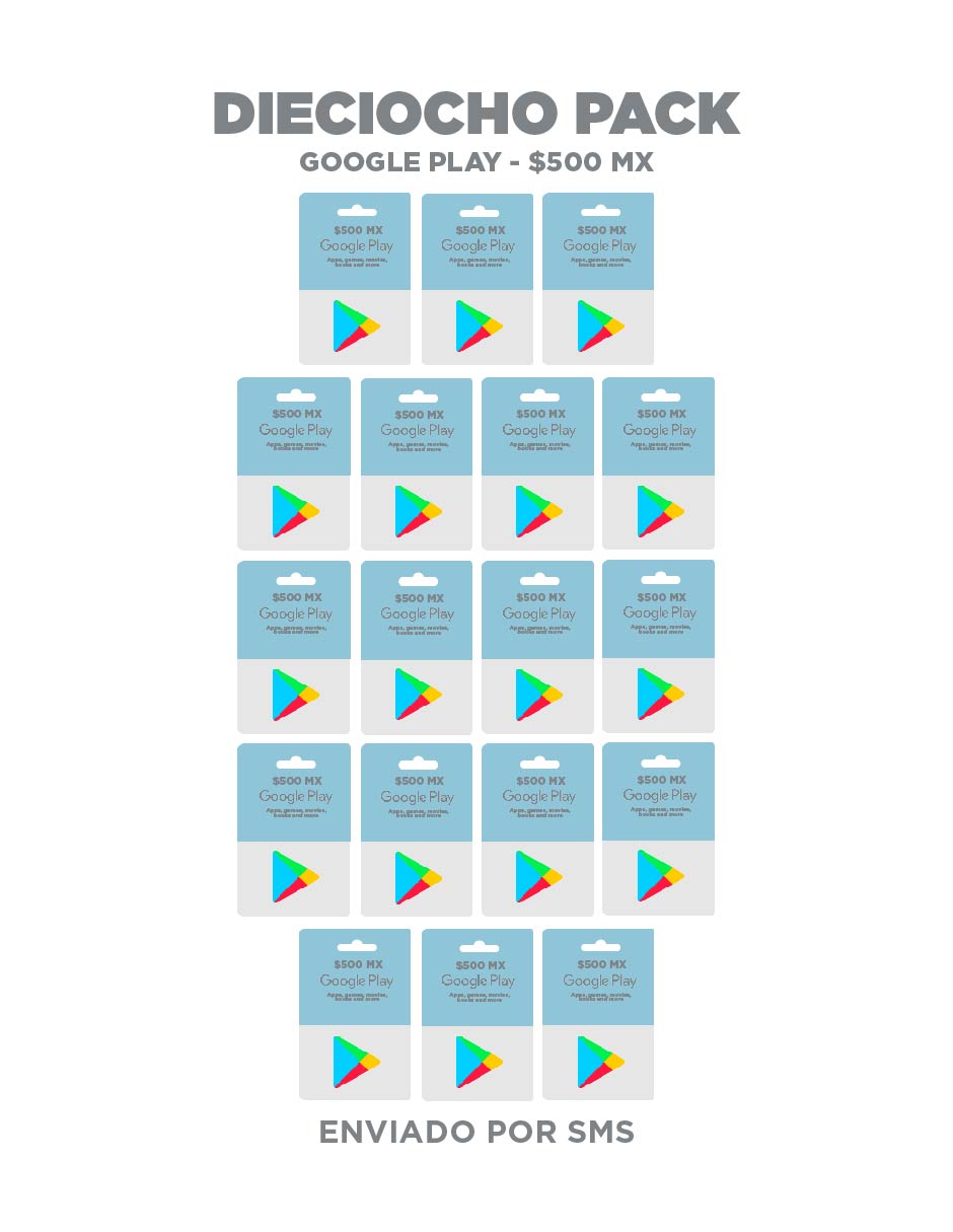 Google Play Dieciocho pack, tarjetas prepago, Pin Digital