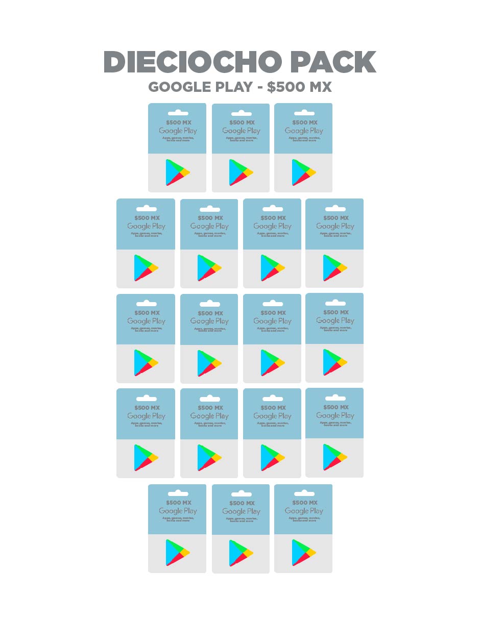 Google Play Dieciocho pack, tarjetas prepago, Pin Digital