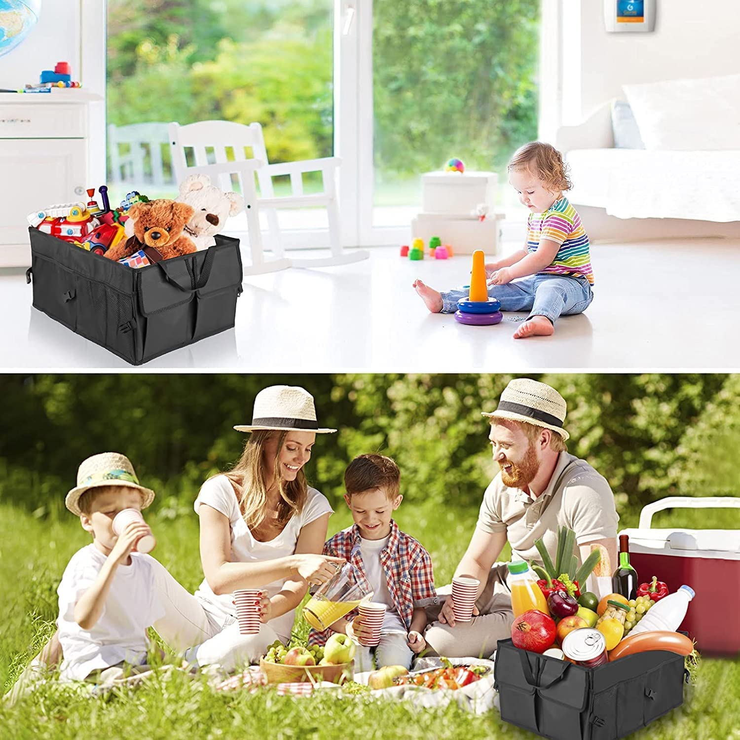 Organizador de Maletero de Coche Cajuela Plegable - Cesta organizadora para Maletero de Coche con Múltiples Compartimentos Exteriores e Interiores