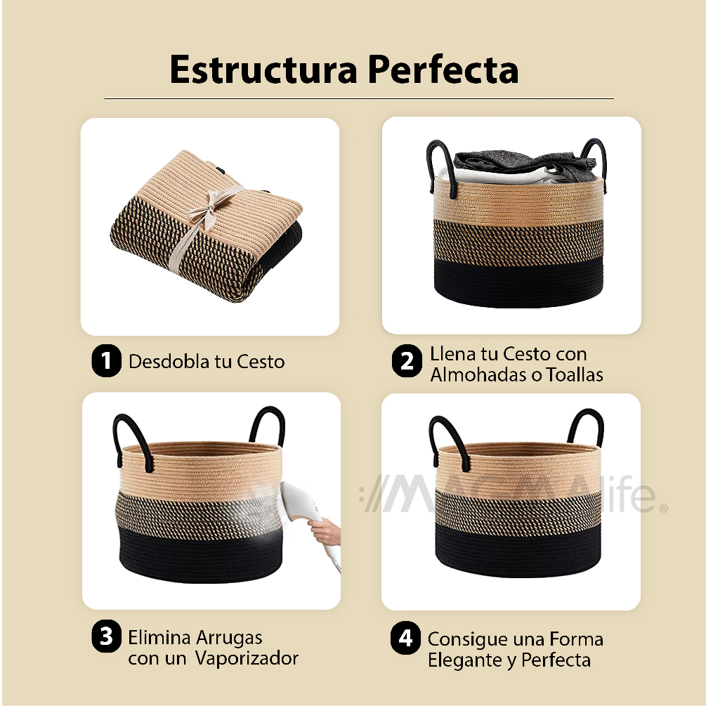 Cesto de Lavandería de Cuerda Tejida con Asas Magma Life Cesto Para Ropa Sucia, Juguetes y Sábanas, Canasta Organizadora Multiusos