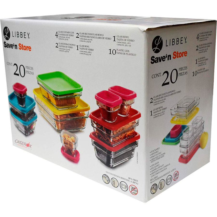 Juego de contenedores de vidrio 20 piezas, marca Libbey