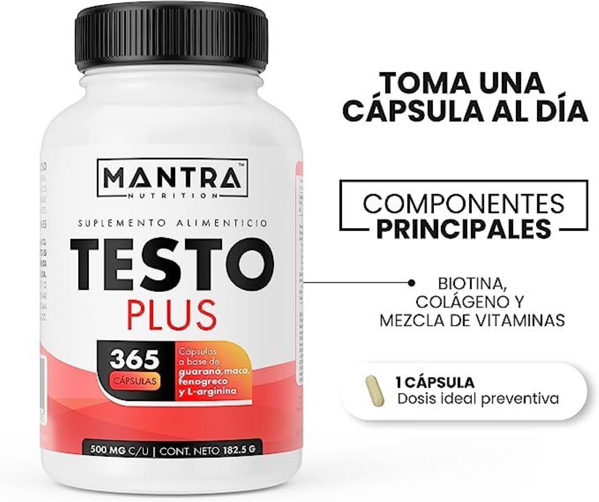 Vitaminas Mantra Nutrition Testo Plus 365 Cápsulas con Guarana Maca Arandano y L Aginina