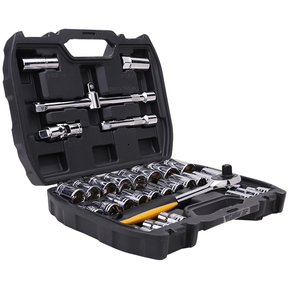 Juego de Dados Deli 32 Piezas de 1/2" Acero Cromado con Trinquete, Barras y Adaptadores