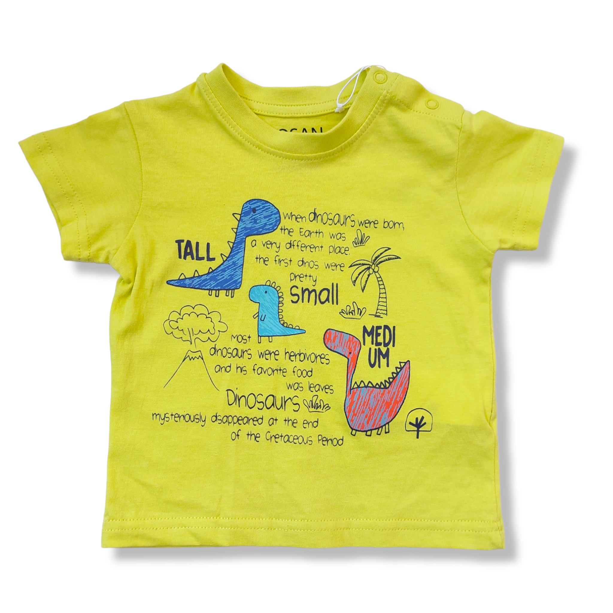 Playera verde dinosaurio TALL, SMALL, MEDIUM para bebé niño Losan.