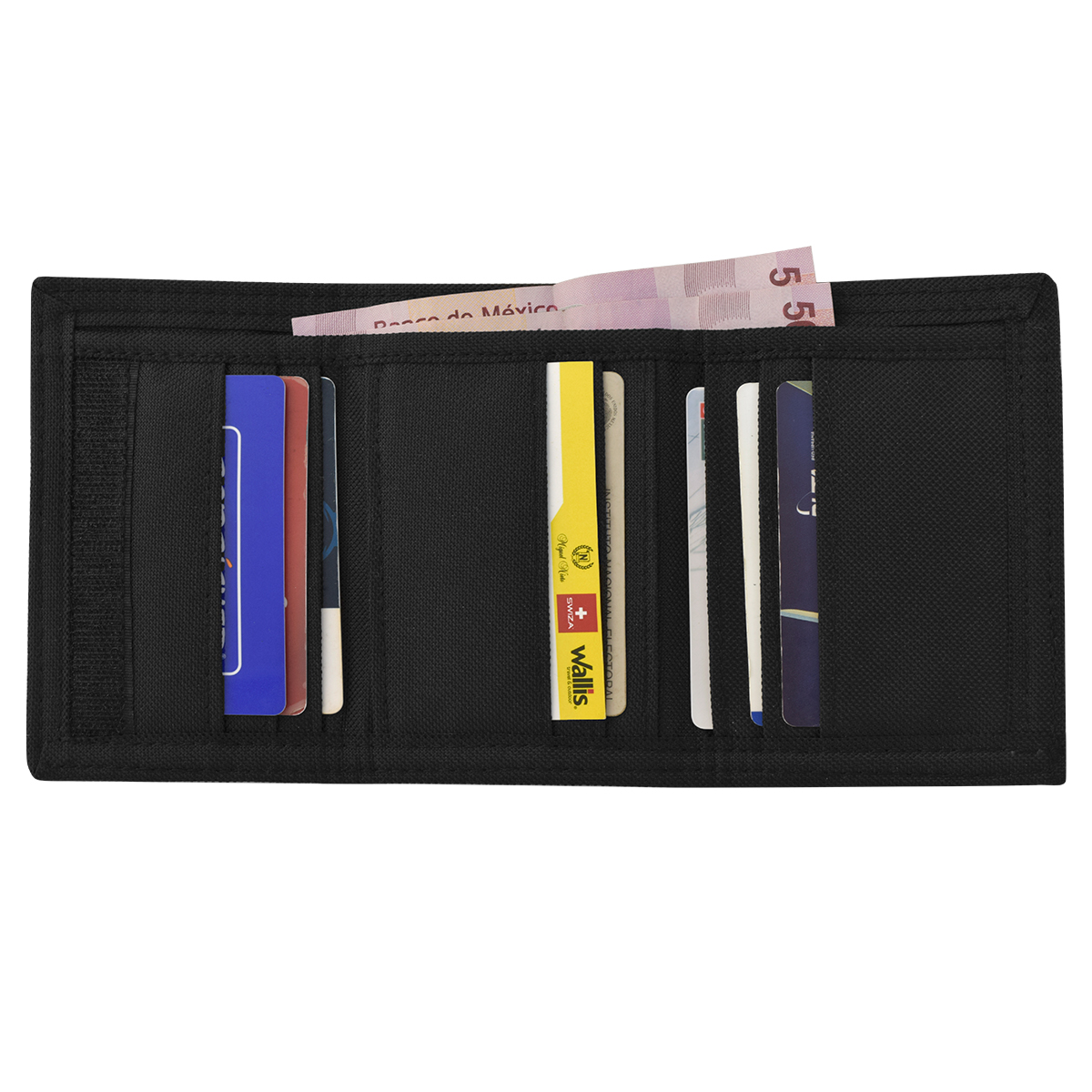 Cartera Wallis W0303307 unisex con 6 compartimientos, negra.