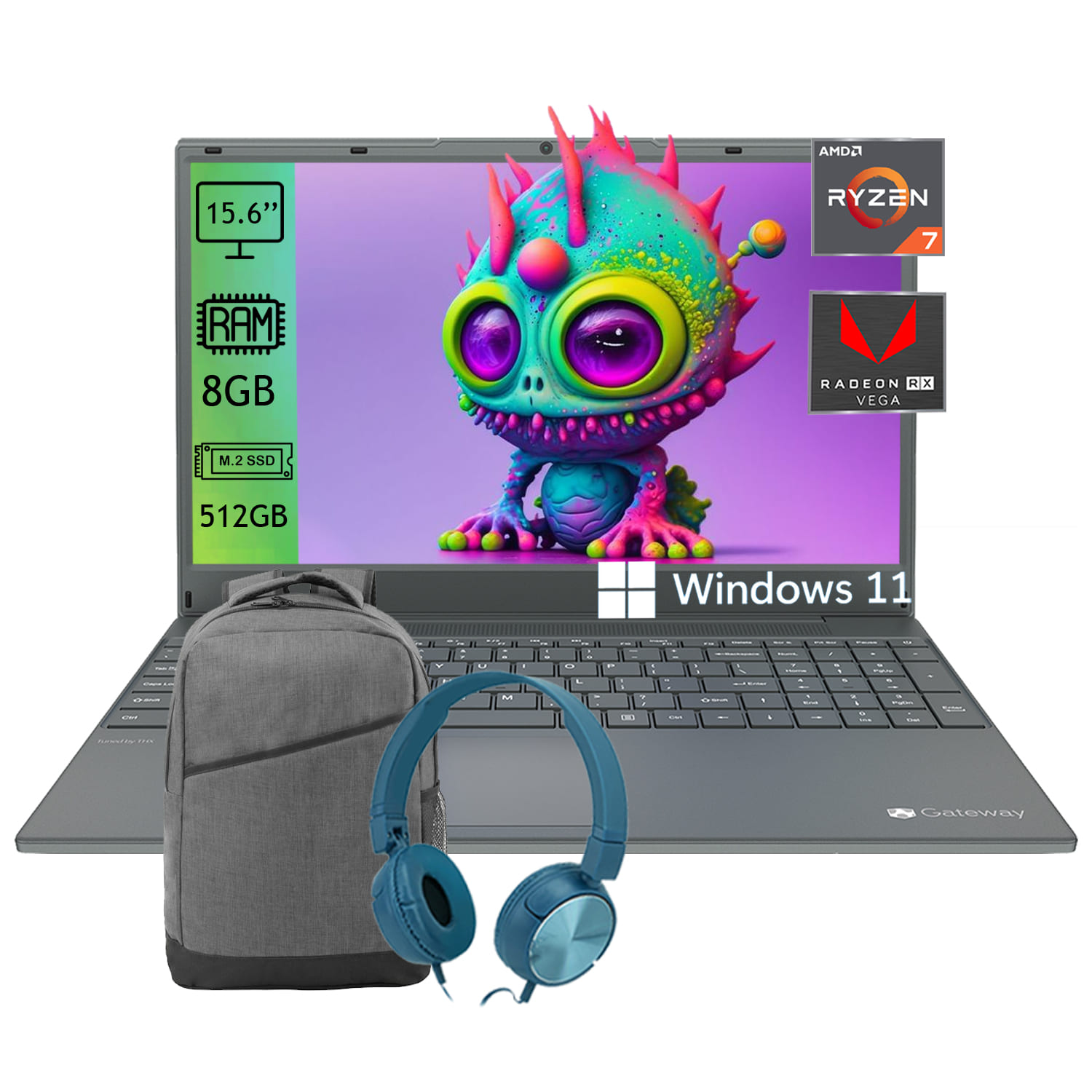 Laptop Gateway Ryzen 7-3700U Disco de Estado Solido 512GB Ram 8GB pantalla 15.6 Pulgadas -Gris + Mochila + Diadema