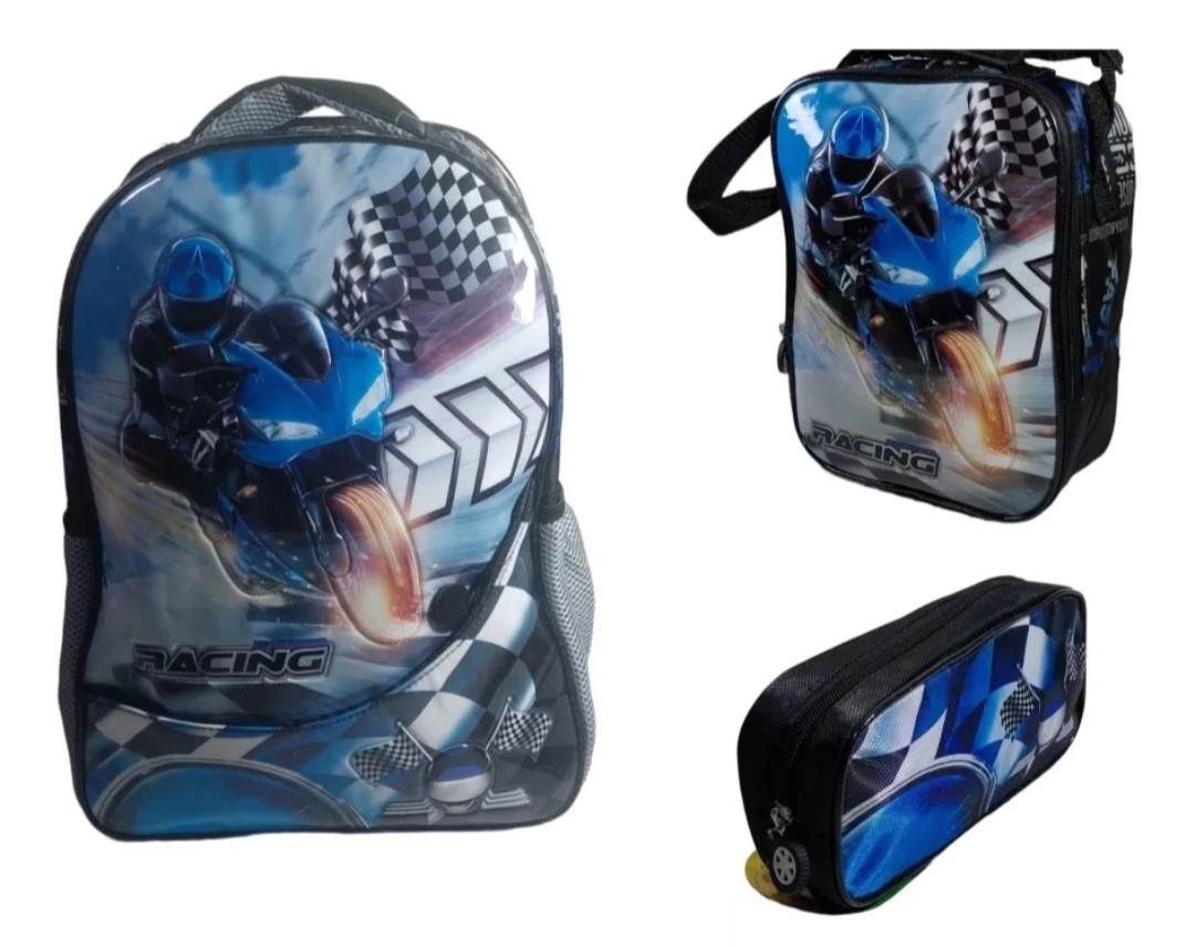 Combo de Mochila Lonchera y lapicera de Autos de carreras Marca Travel Republic