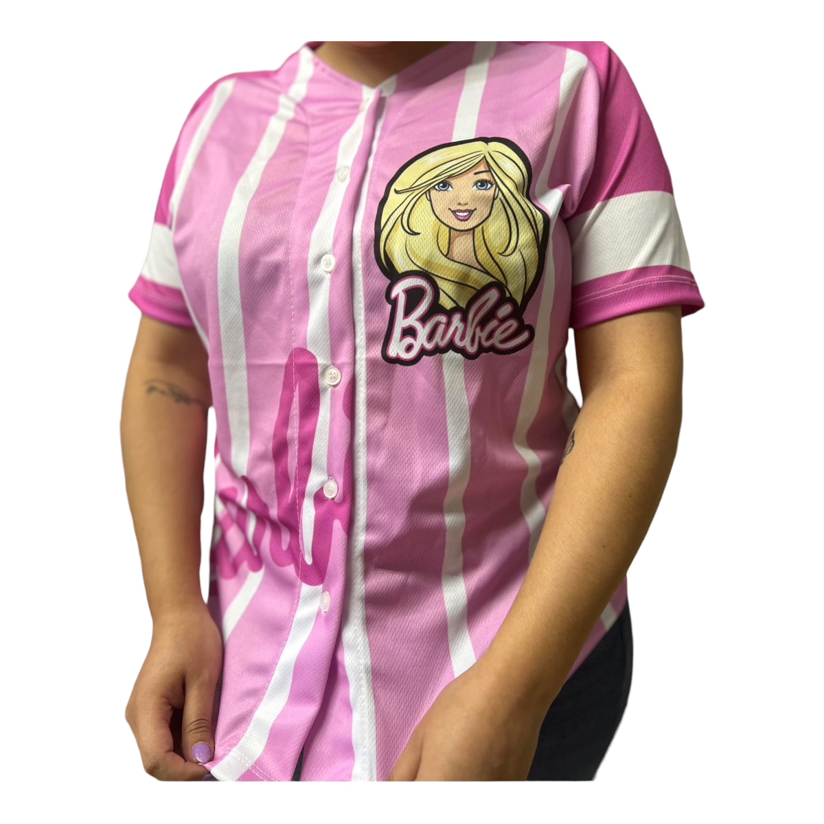 Camisa Jersey Tipo Beisbolera Barbie Rosa Para Mujer