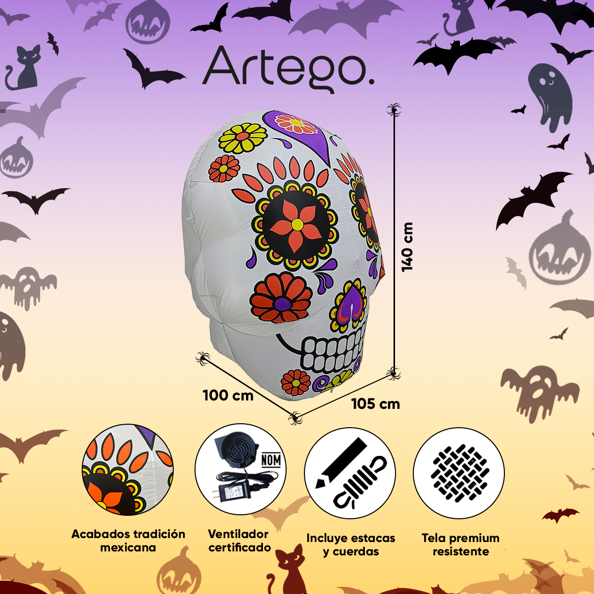 Inflable halloween catrina calavera día de muertos con led - 1.4m