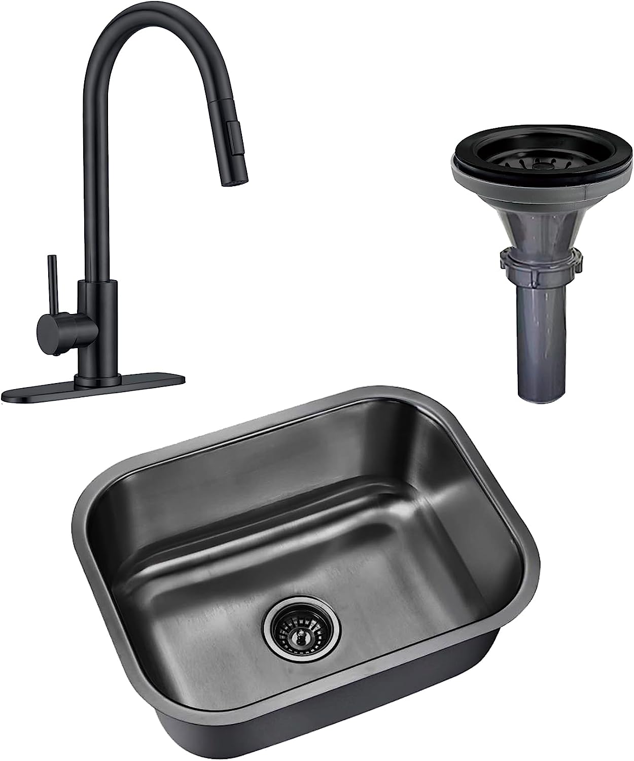 MEER Faucets by CNX Kit de Tarja y Mezcladora de Acero Inoxidable Negro Mate, Fregadero de Cocina y Mezcladora, Incluye Mangueras.