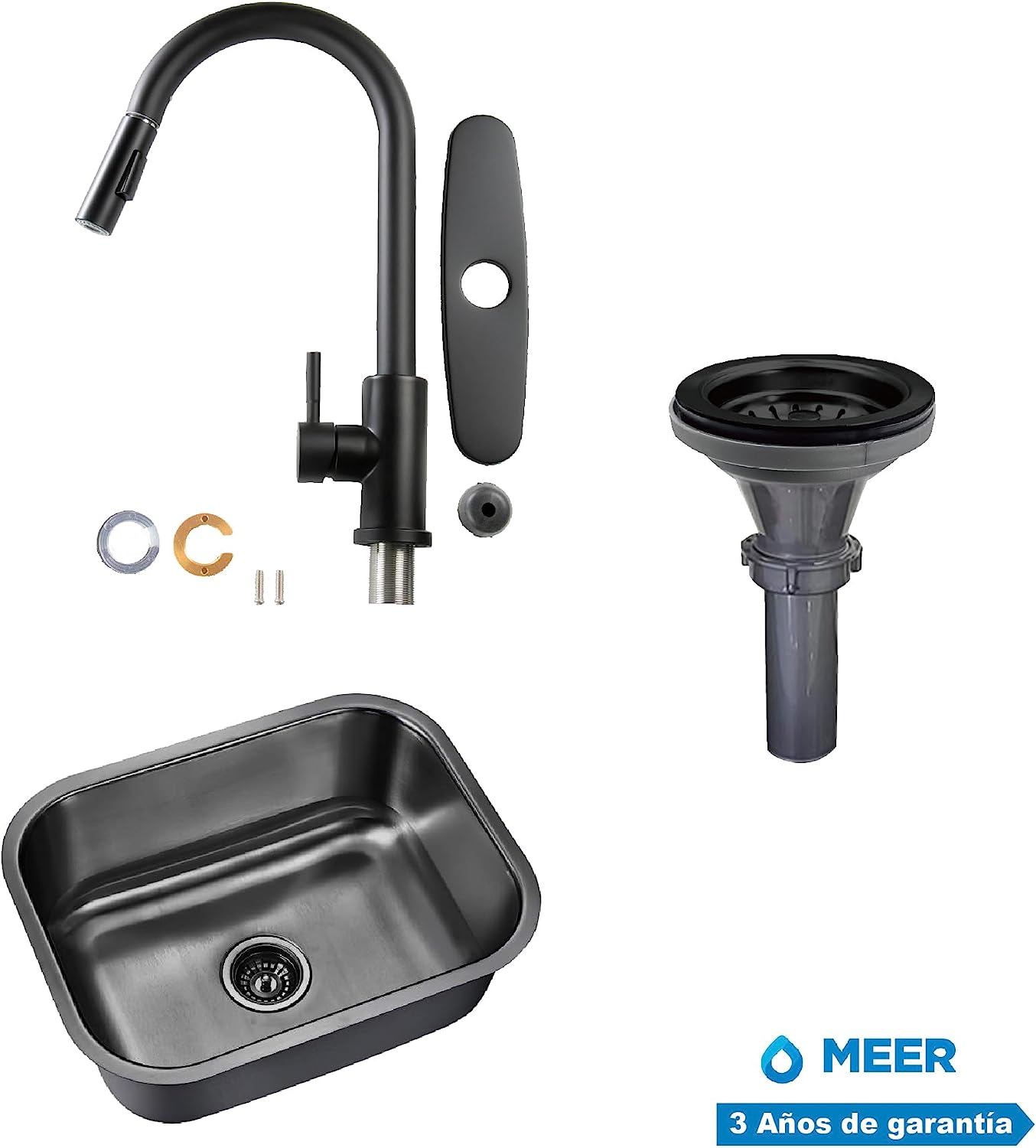 MEER Faucets by CNX Kit de Tarja y Mezcladora de Acero Inoxidable Negro Mate, Fregadero de Cocina y Mezcladora, Incluye Mangueras.