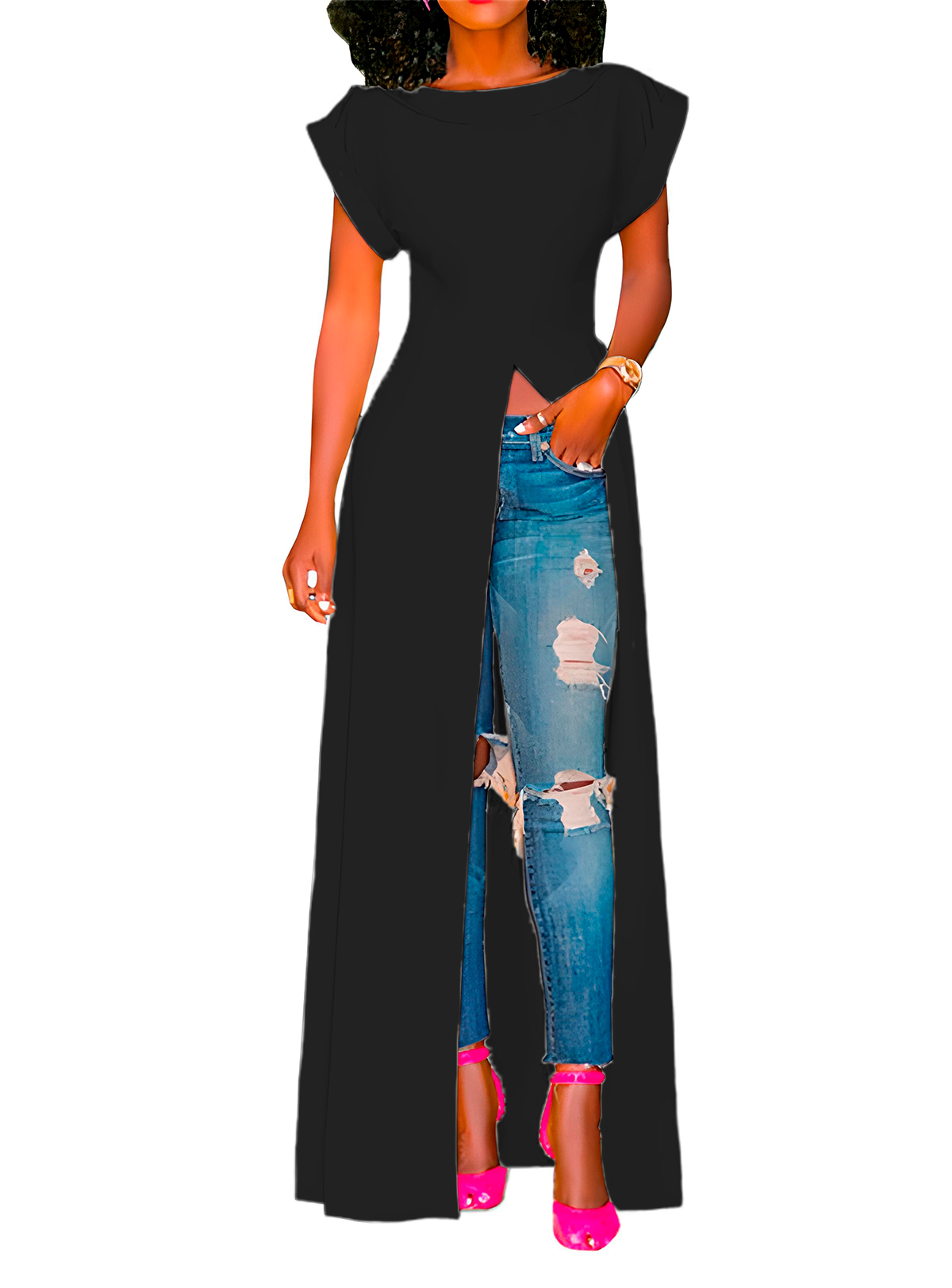 Maxi blusa casual playa mujer dama xally 38 manga corta cuello redondo abertura frontal