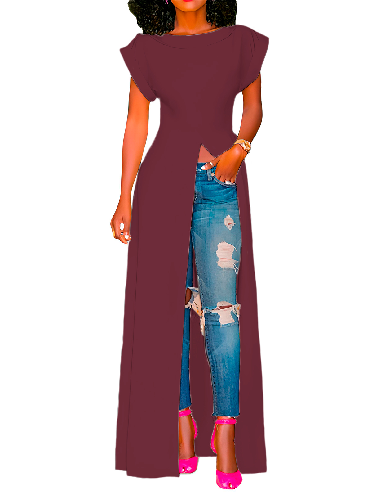 Maxi blusa casual playa mujer dama xally 38 manga corta cuello redondo abertura frontal