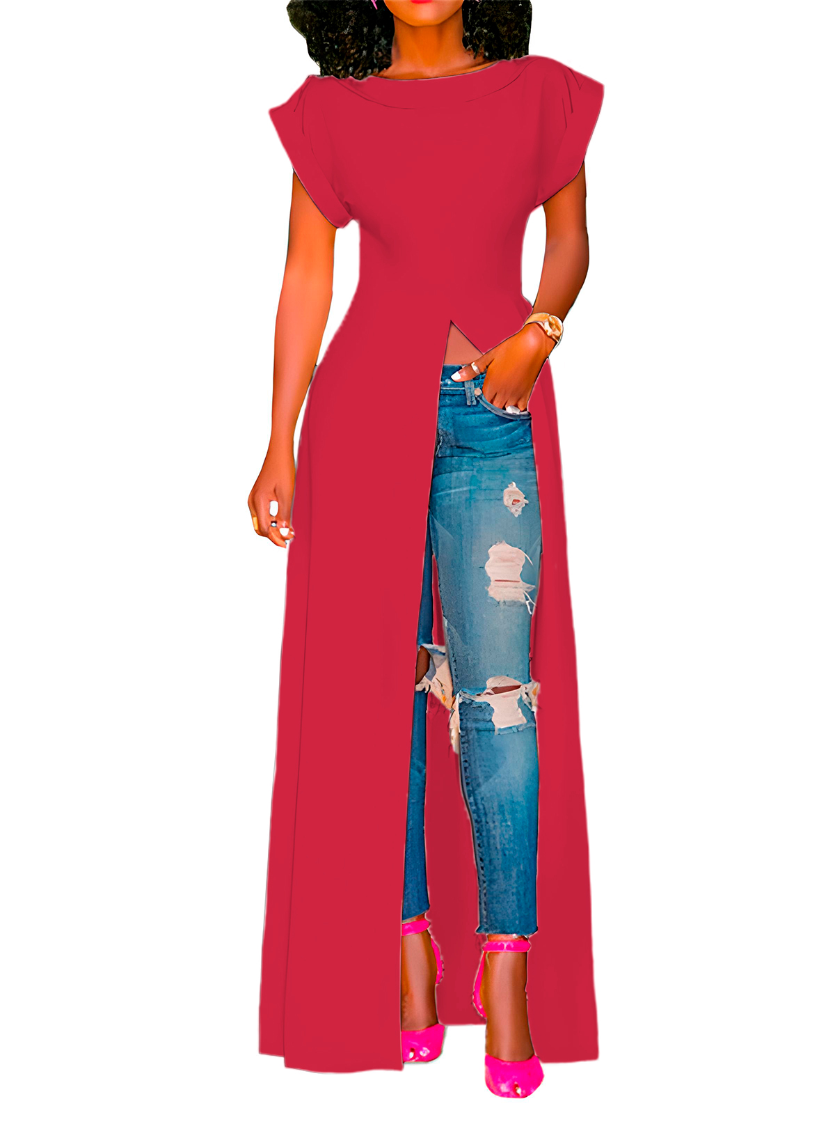 Maxi blusa casual playa mujer dama xally 38 manga corta cuello redondo abertura frontal