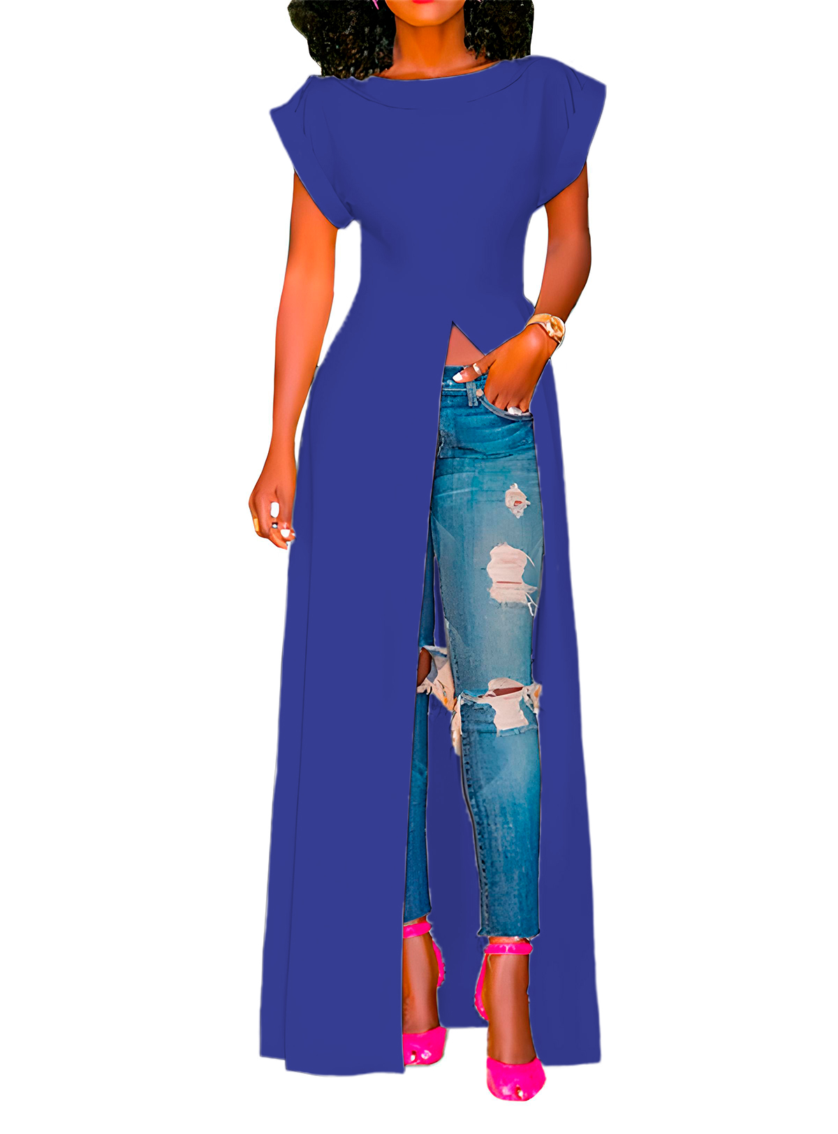 Maxi blusa casual playa mujer dama xally 38 manga corta cuello redondo abertura frontal