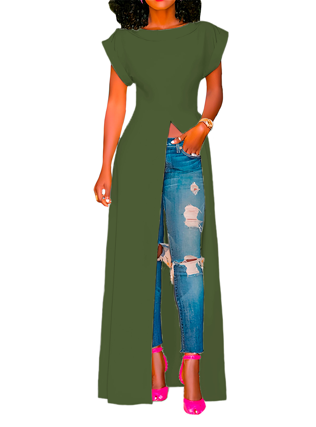 Maxi blusa casual playa mujer dama xally 38 manga corta cuello redondo abertura frontal