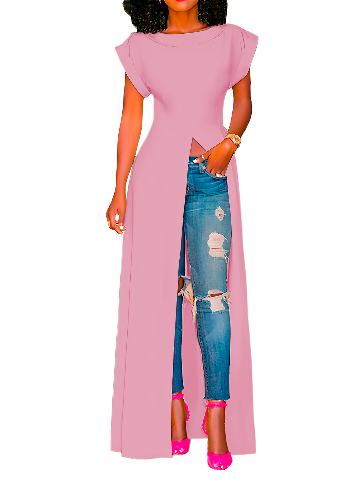 Maxi blusa casual playa mujer dama xally 38 manga corta cuello redondo abertura frontal