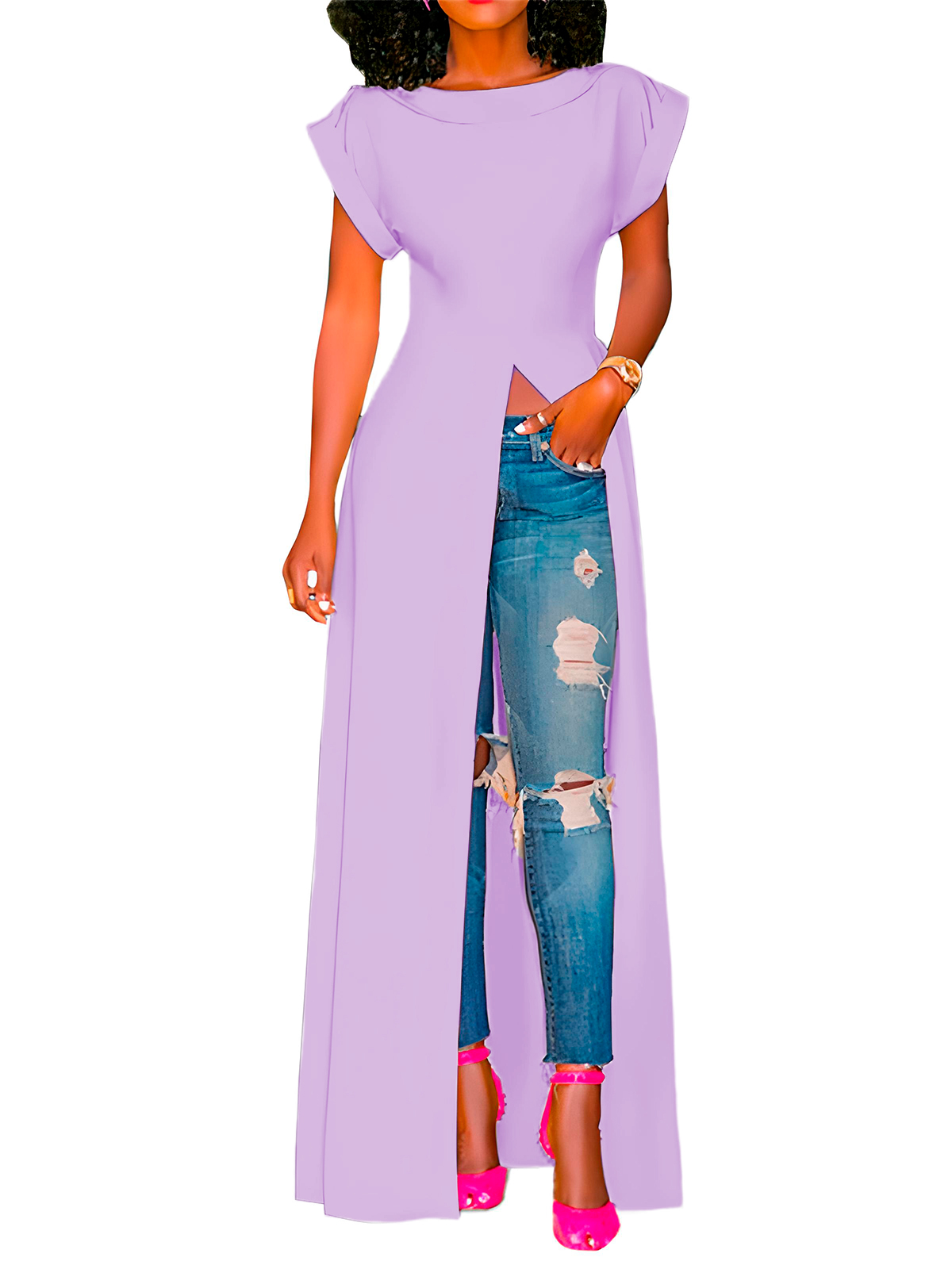 Maxi blusa casual playa mujer dama xally 38 manga corta cuello redondo abertura frontal