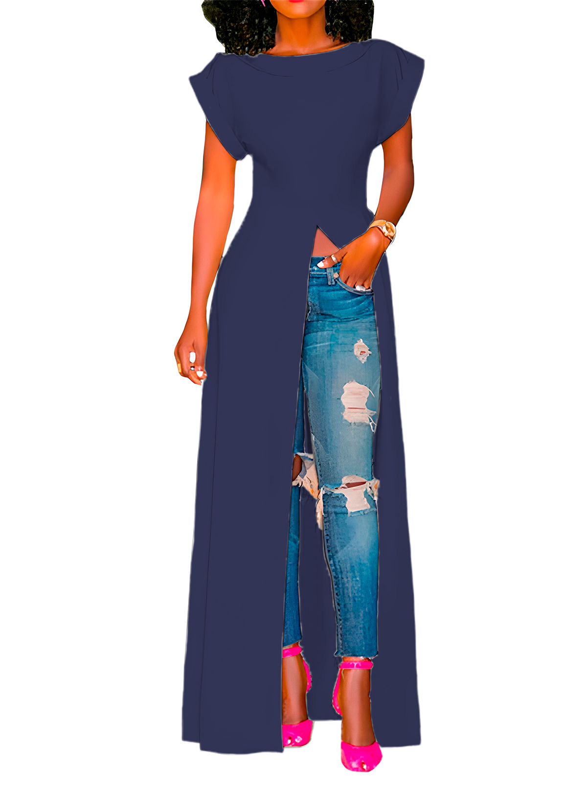 Maxi blusa casual playa mujer dama xally 38 manga corta cuello redondo abertura frontal