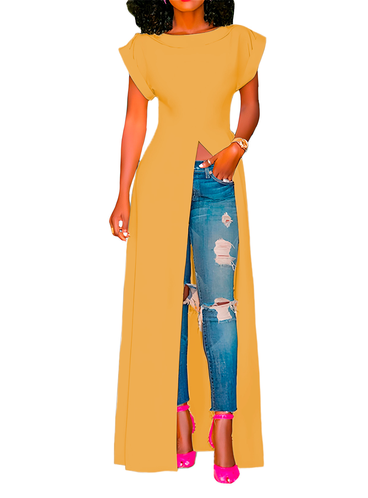Maxi blusa casual playa mujer dama xally 38 manga corta cuello redondo abertura frontal