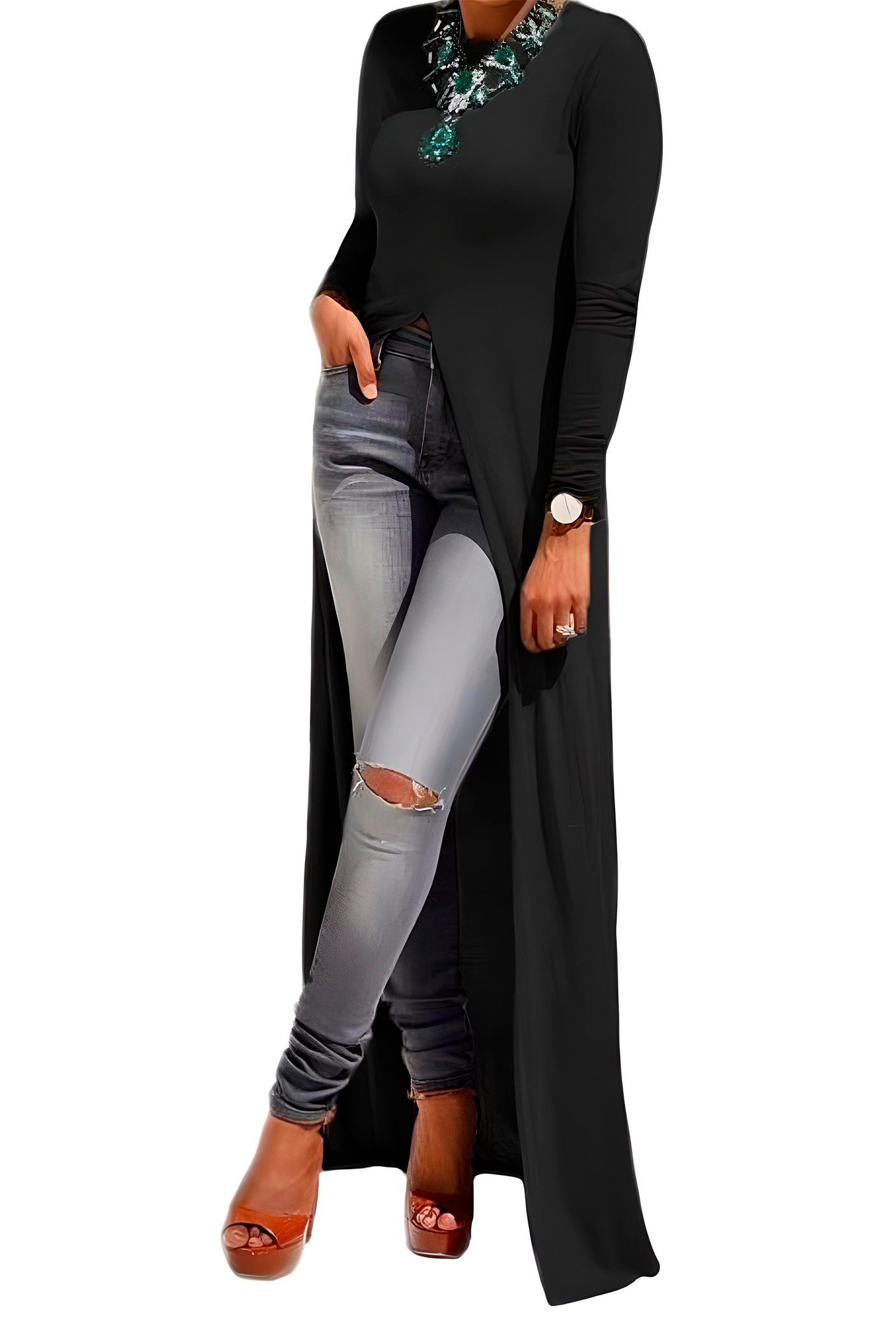 Maxi blusa casual playa mujer dama xally 58 manga larga cuello redondo abertura frontal