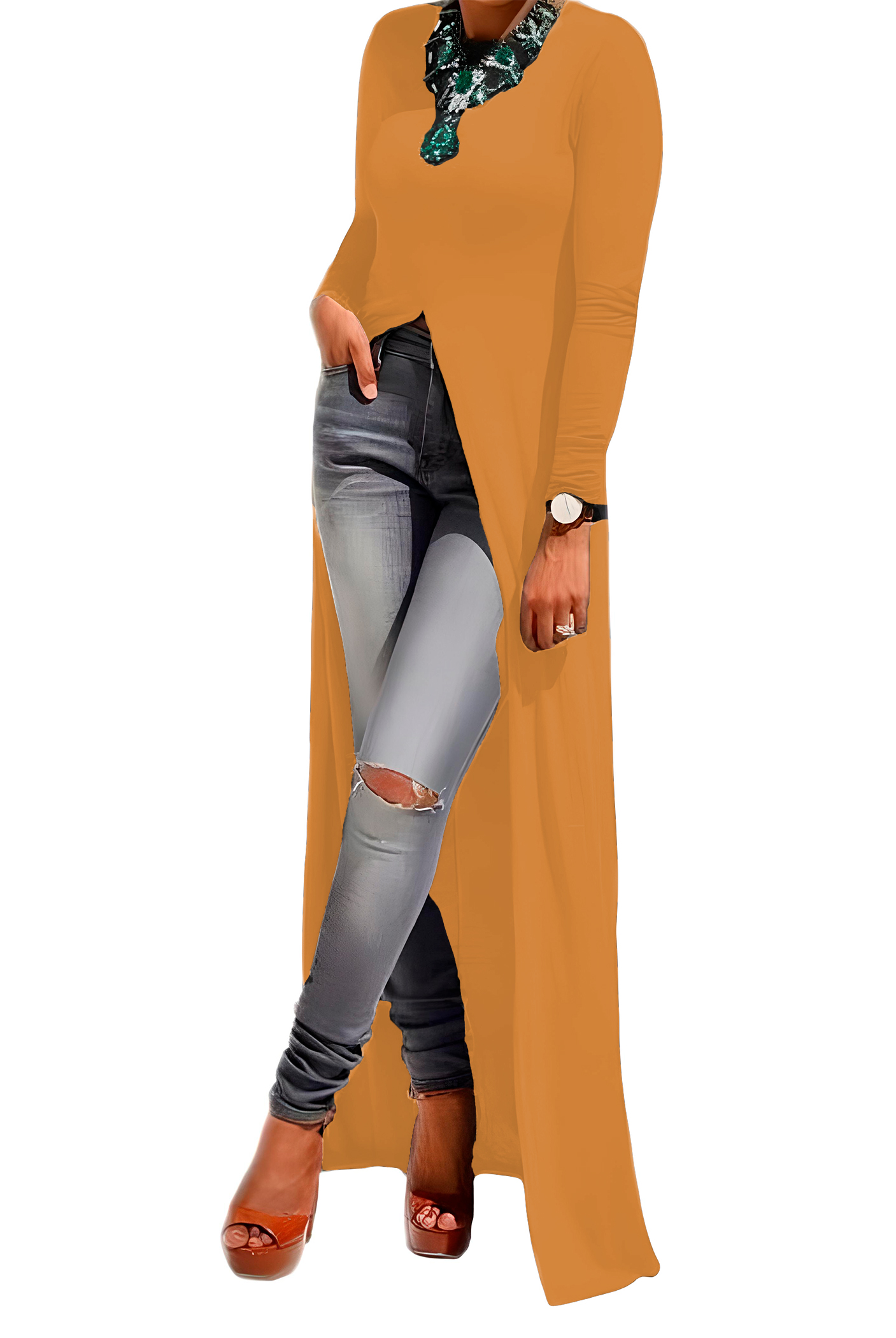 Maxi blusa casual playa mujer dama xally 58 manga larga cuello redondo abertura frontal