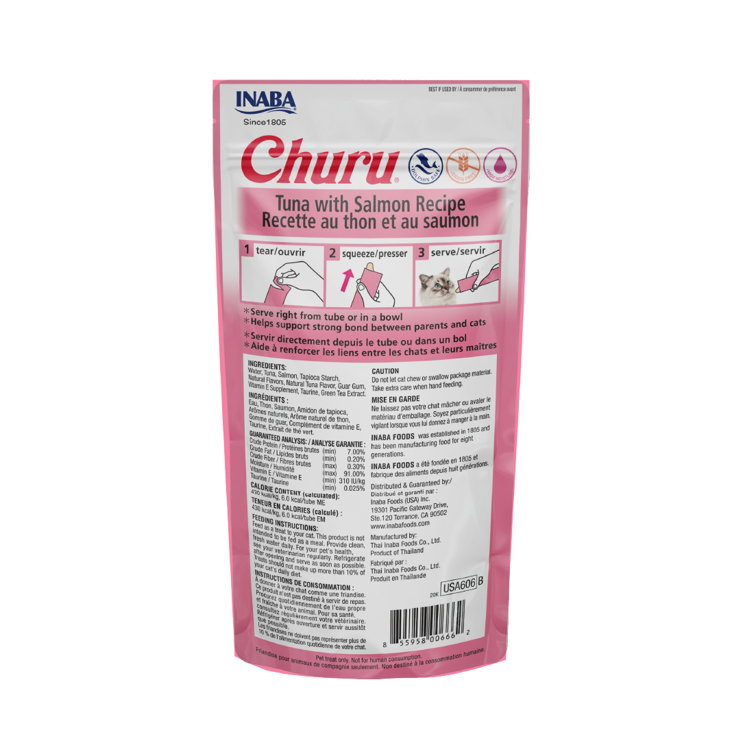 Inaba Churu Premios para Gato Atún y Salmón, Paquete 4 tubos