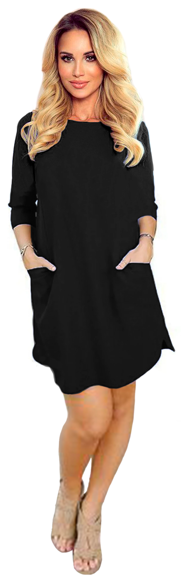 Vestido corte A casual elegante ligero corto dama mujer xally 72 cuello redondo a la caja manga ajustada bolsas