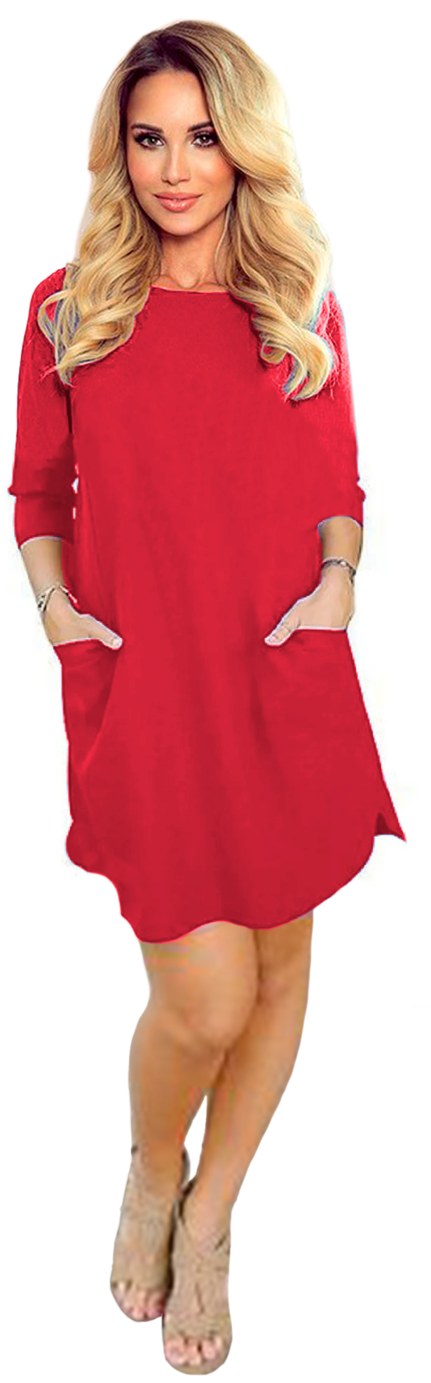 Vestido corte A casual elegante ligero corto dama mujer xally 72 cuello redondo a la caja manga ajustada bolsas