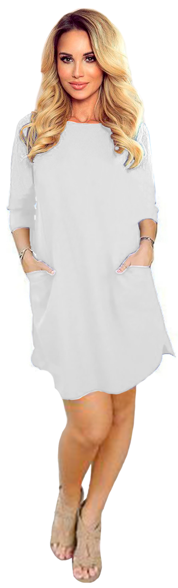 Vestido corte A casual elegante ligero corto dama mujer xally 72 cuello redondo a la caja manga ajustada bolsas