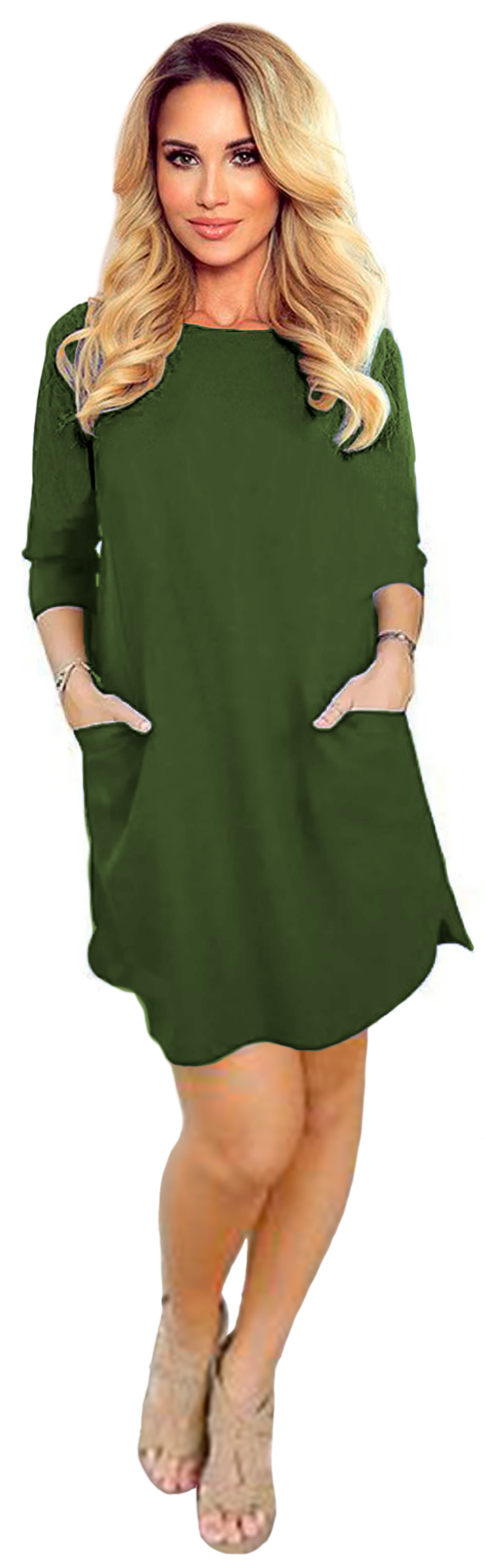 Vestido corte A casual elegante ligero corto dama mujer xally 72 cuello redondo a la caja manga ajustada bolsas