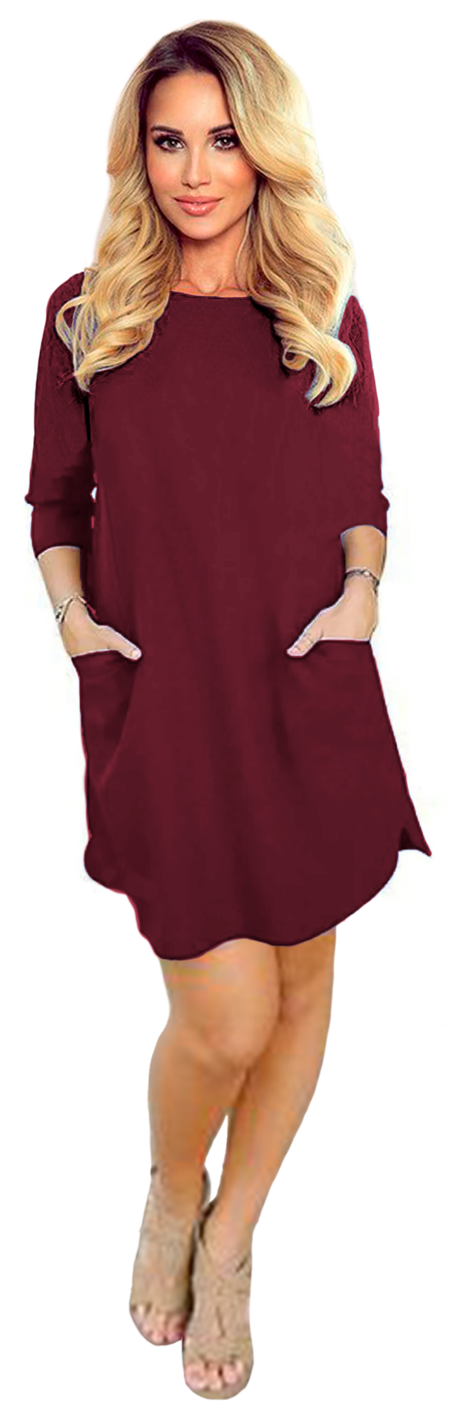 Vestido corte A casual elegante ligero corto dama mujer xally 72 cuello redondo a la caja manga ajustada bolsas