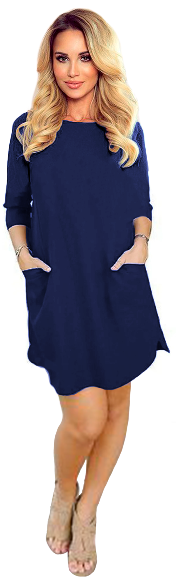 Vestido corte A casual elegante ligero corto dama mujer xally 72 cuello redondo a la caja manga ajustada bolsas