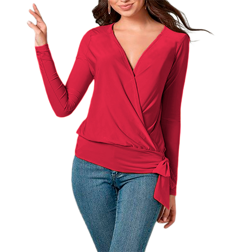 Blusa de moda juvenil elegante mujer dama xally 77 cruzado escote V pretina moño manga ajustada larga