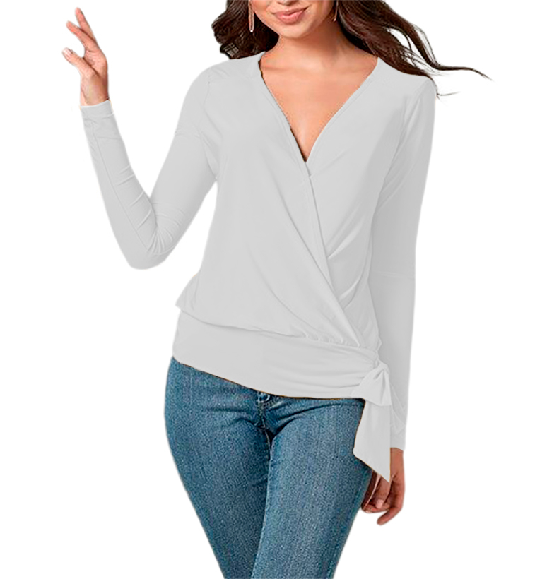 Blusa de moda juvenil elegante mujer dama xally 77 cruzado escote V pretina moño manga ajustada larga
