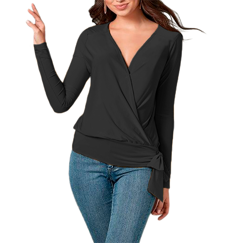 Blusa de moda juvenil elegante mujer dama xally 77 cruzado escote V pretina moño manga ajustada larga
