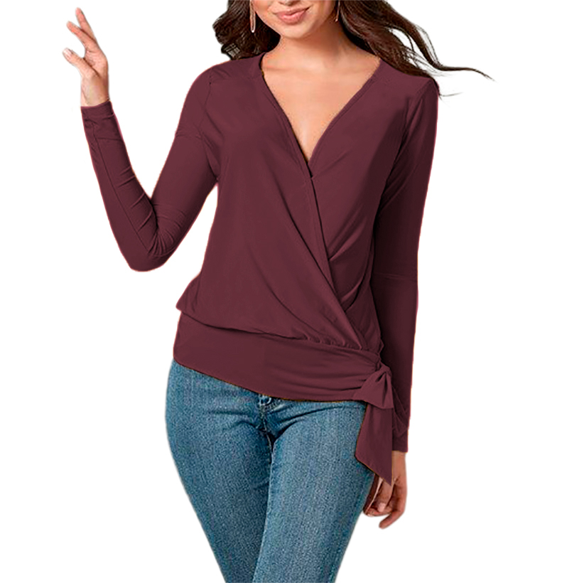 Blusa de moda juvenil elegante mujer dama xally 77 cruzado escote V pretina moño manga ajustada larga