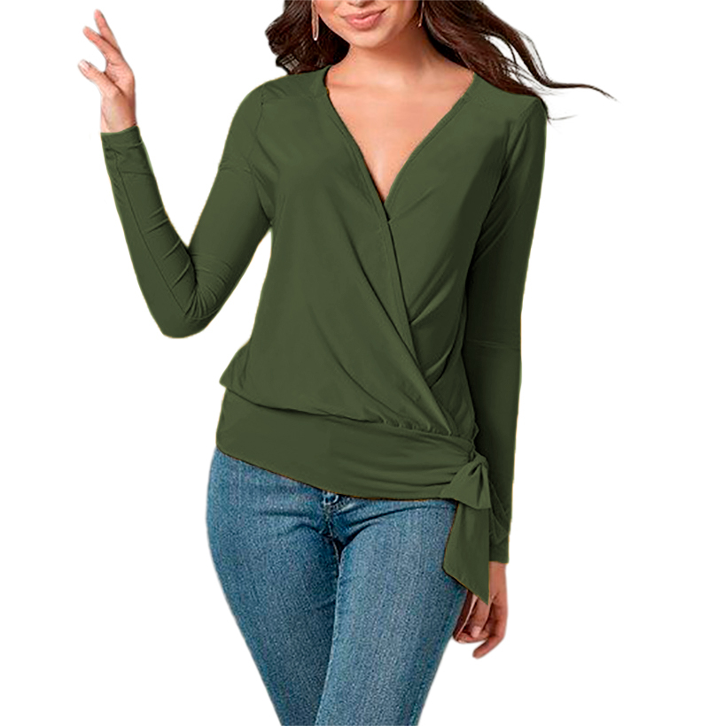 Blusa de moda juvenil elegante mujer dama xally 77 cruzado escote V pretina moño manga ajustada larga