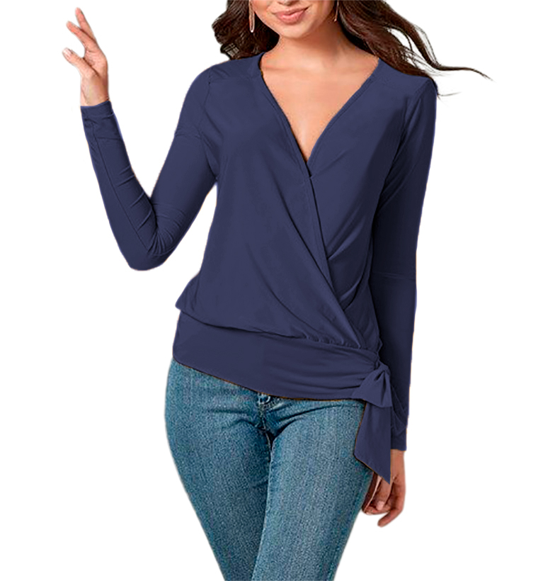 Blusa de moda juvenil elegante mujer dama xally 77 cruzado escote V pretina moño manga ajustada larga