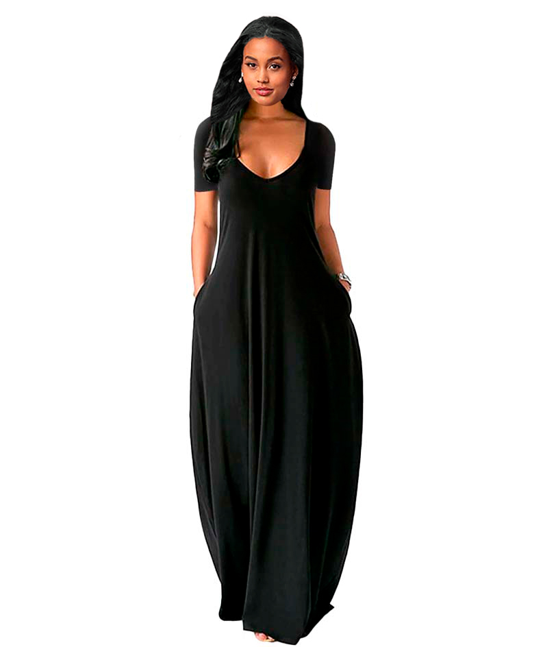 Maxi vestido slip elegante casual noche largo, dama mujer xally 170 escote redondo bolsas mangas cortas