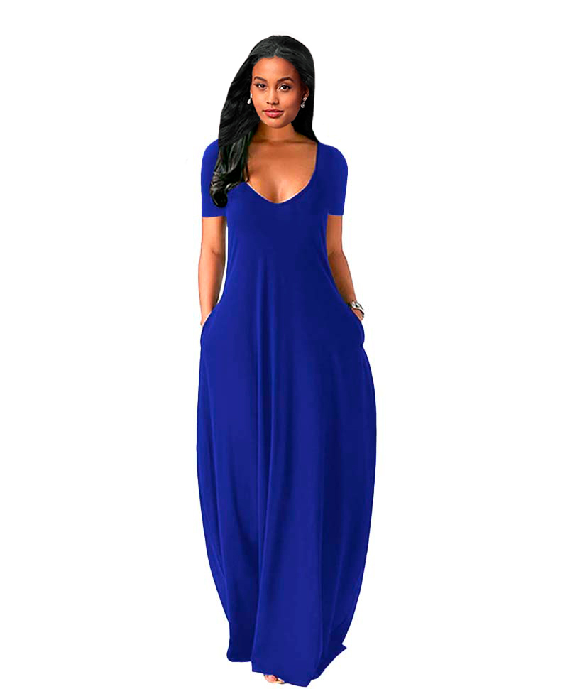 Maxi vestido slip elegante casual noche largo, dama mujer xally 170 escote redondo bolsas mangas cortas