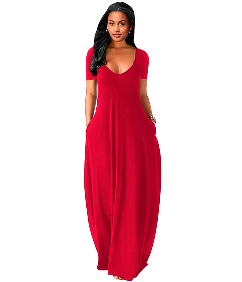 Maxi vestido slip elegante casual noche largo, dama mujer xally 170 escote redondo bolsas mangas cortas