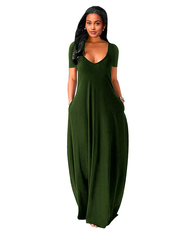 Maxi vestido slip elegante casual noche largo, dama mujer xally 170 escote redondo bolsas mangas cortas